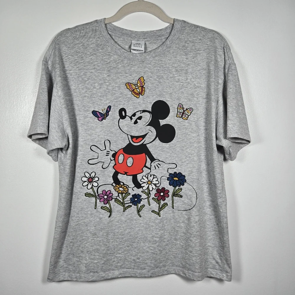 Disney Mickey Mouse Character Embrodered Floral Gray Heathered T-Shirt Large - Picture 1 of 12